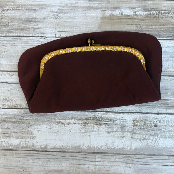 VTG 60s Garay Purse Clutch Brown Fabric Gold Flowers Rhinestone Kisslock MCM - Picture 2 of 9